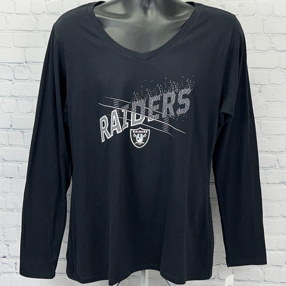 Las Vegas Raiders Womens XL X-Large Black Long Sleeve V Neck NFL Shirt Tee NWT